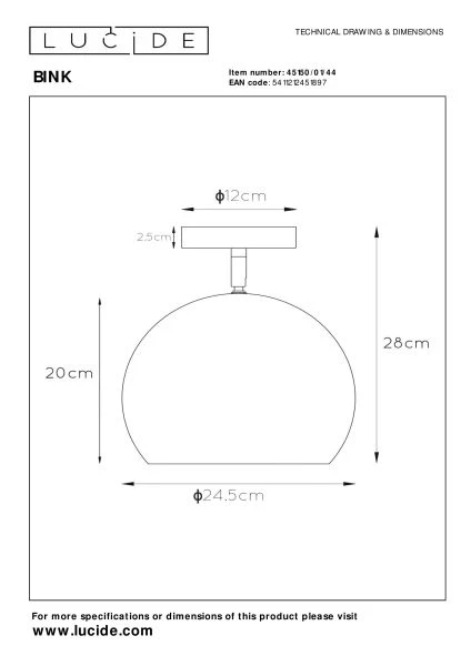 Lucide BINK - Flush ceiling light - Ø 24,5 cm - 1xE27 - Ocher Yellow - technical